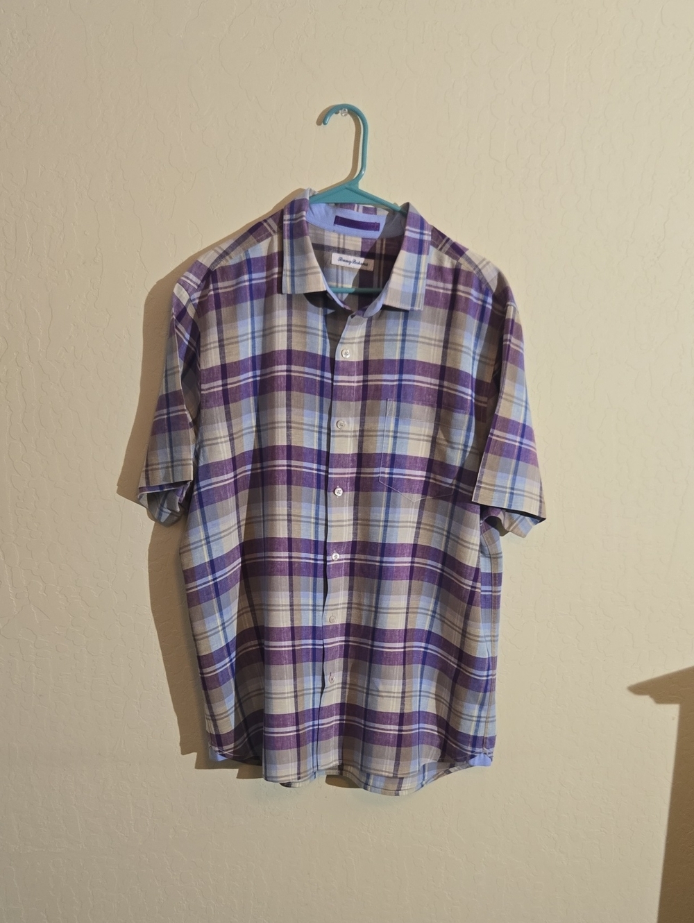 Tommy Bahama Purple and Gray Plaid Short-Sleeve Button-Up Shirt